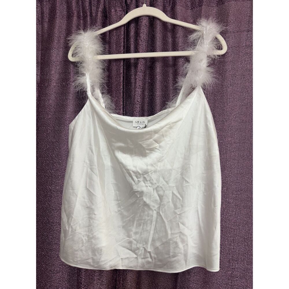 Le Lis Women's size L white satin cowl neck feather strap camisole tank top